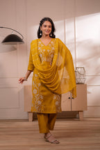 Juniper Mustard Solid Embroidered Straight Kurta Pant And Dupatta Set With Thread Work - Distacart