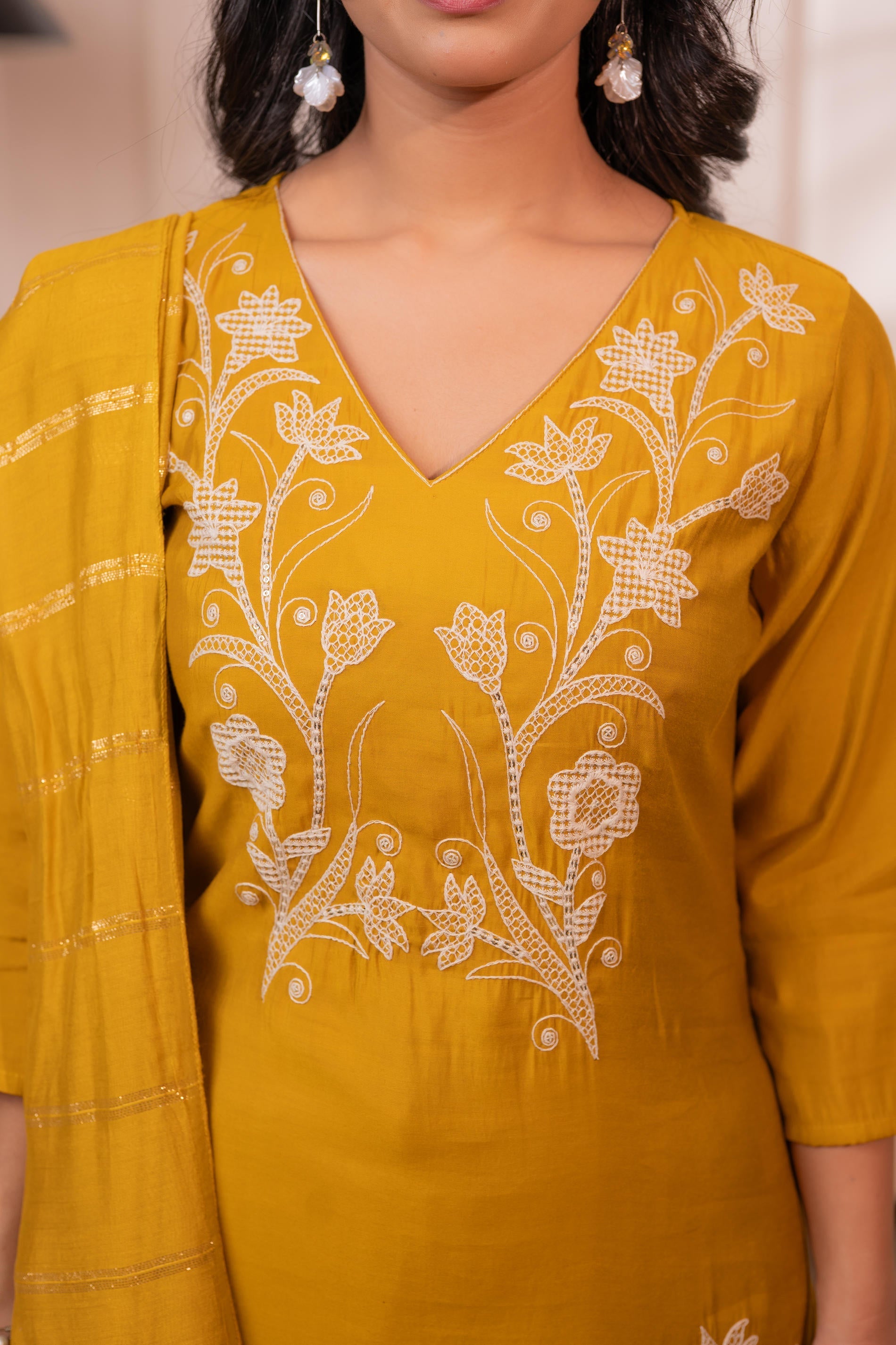 Juniper Mustard Solid Embroidered Straight Kurta Pant And Dupatta Set With Thread Work - Distacart