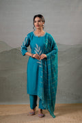 Juniper Rama Leaf-Print Straight Kurta Set With Pant & Zari-Lined Dupatta - Distacart