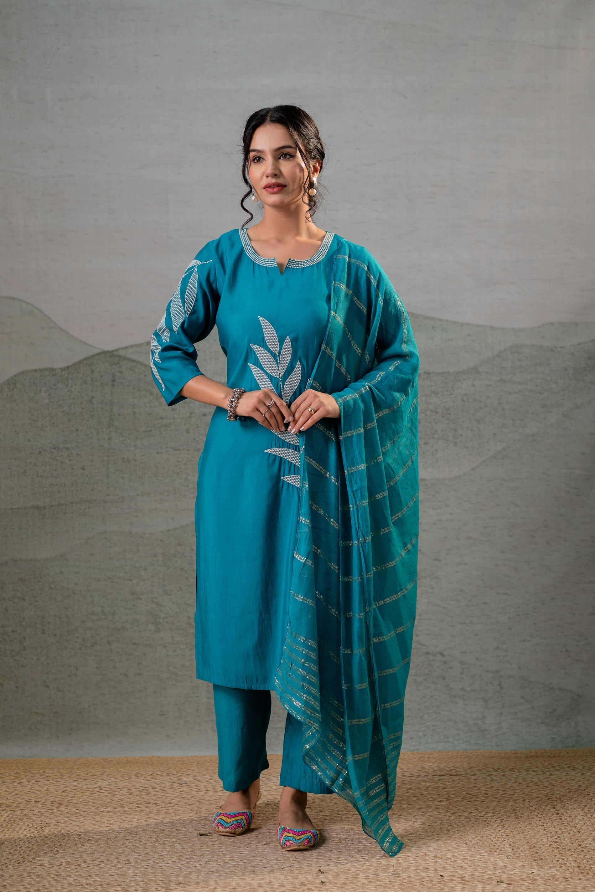 Juniper Rama Leaf-Print Straight Kurta Set With Pant & Zari-Lined Dupatta - Distacart