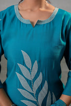 Juniper Rama Leaf-Print Straight Kurta Set With Pant & Zari-Lined Dupatta - Distacart