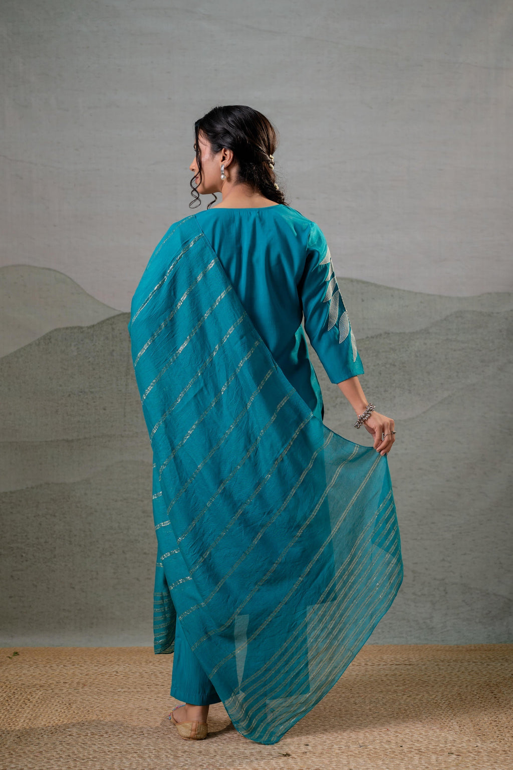Juniper Rama Leaf-Print Straight Kurta Set With Pant & Zari-Lined Dupatta - Distacart