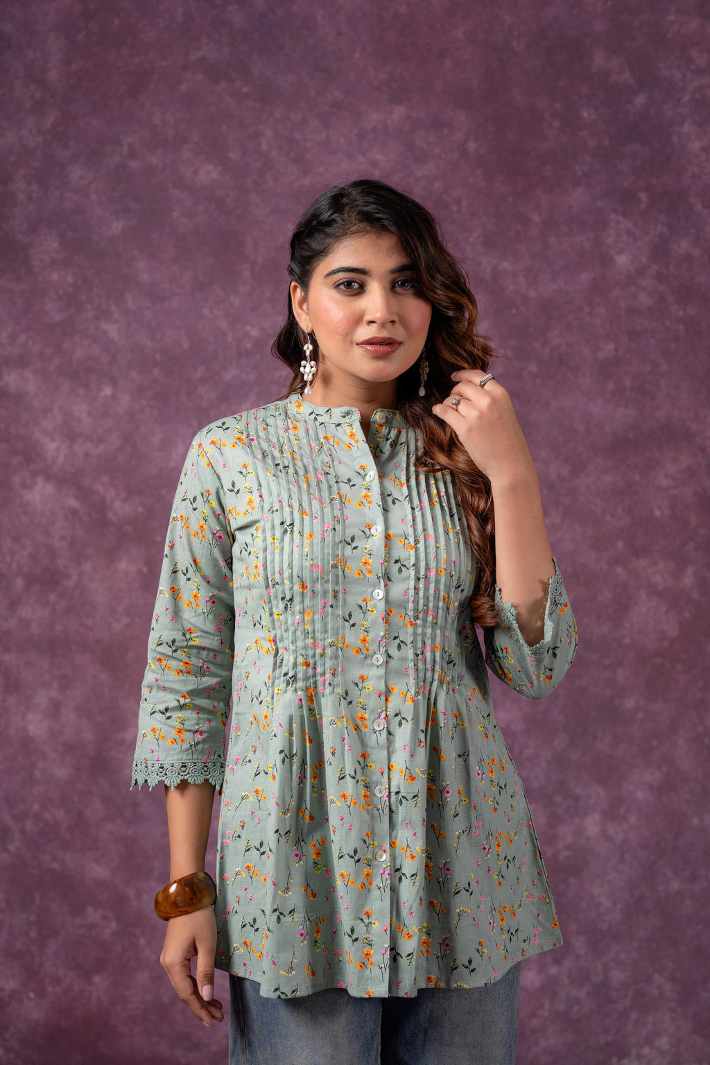 Juniper Sage Green Blossom Printed Short Peplum Kurti With Lace Sleeves