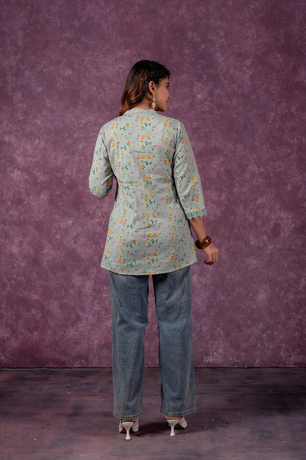 Juniper Sage Green Blossom Printed Short Peplum Kurti With Lace Sleeves