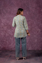 Juniper Sage Green Blossom Printed Short Peplum Kurti With Lace Sleeves