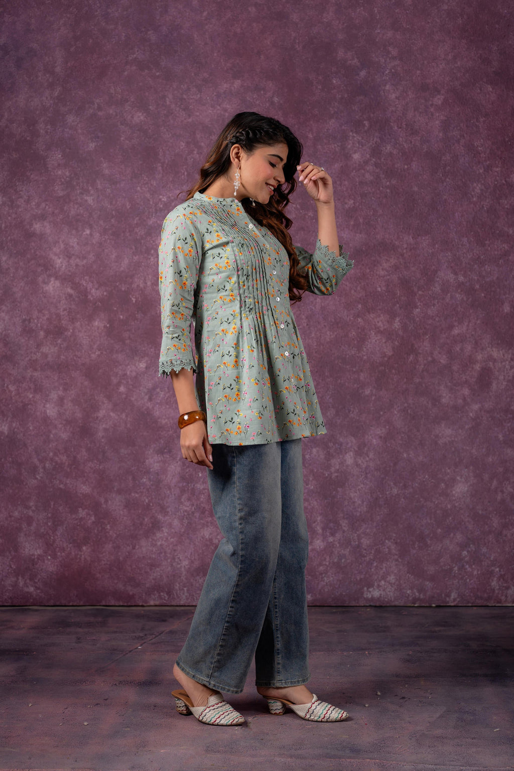 Juniper Sage Green Blossom Printed Short Peplum Kurti With Lace Sleeves