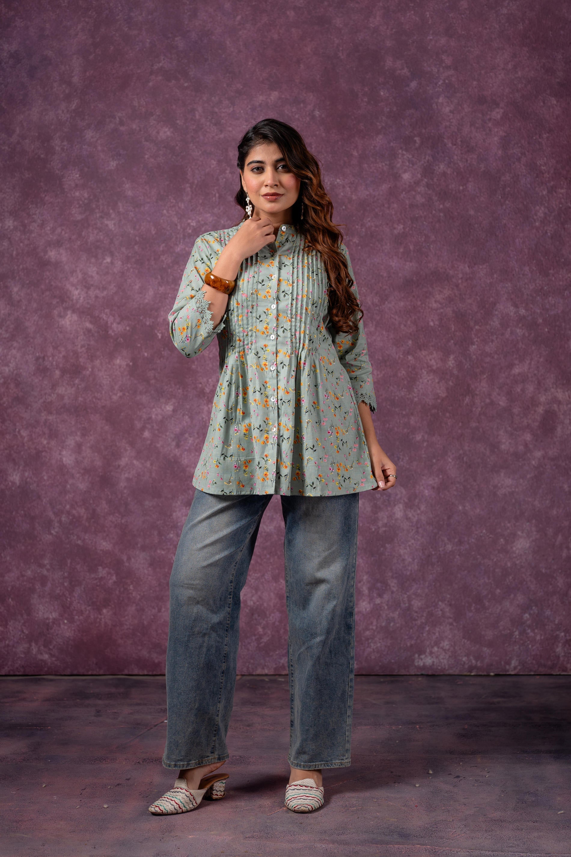 Juniper Sage Green Blossom Printed Short Peplum Kurti With Lace Sleeves