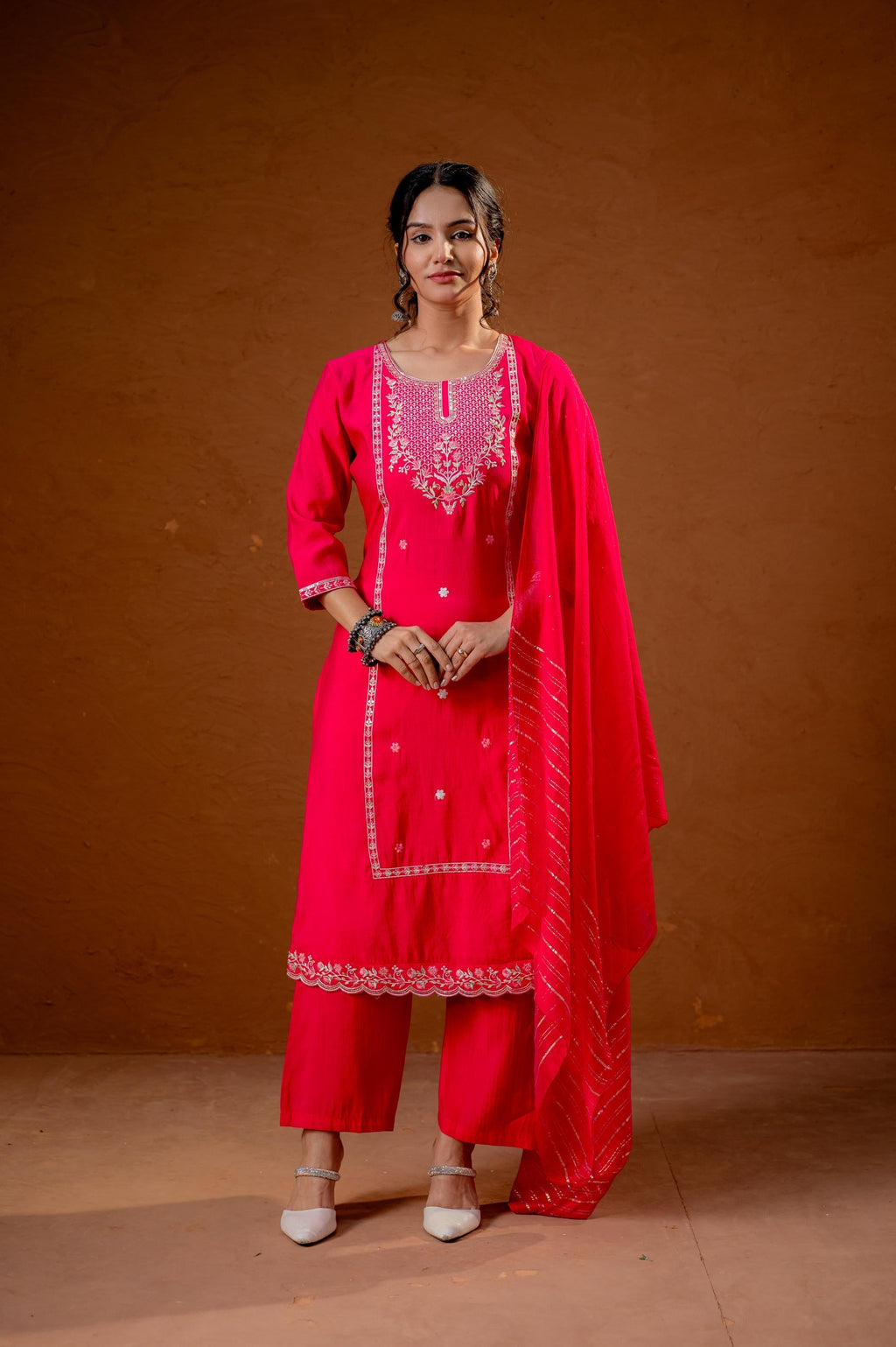 Juniper Fuchsia Zari Embroidered Straight Kurta Set With Matching Pant & Dupatta - Distacart