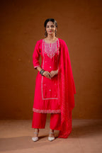 Juniper Fuchsia Zari Embroidered Straight Kurta Set With Matching Pant & Dupatta - Distacart
