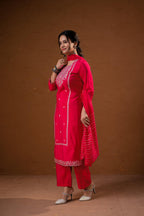 Juniper Fuchsia Zari Embroidered Straight Kurta Set With Matching Pant & Dupatta - Distacart