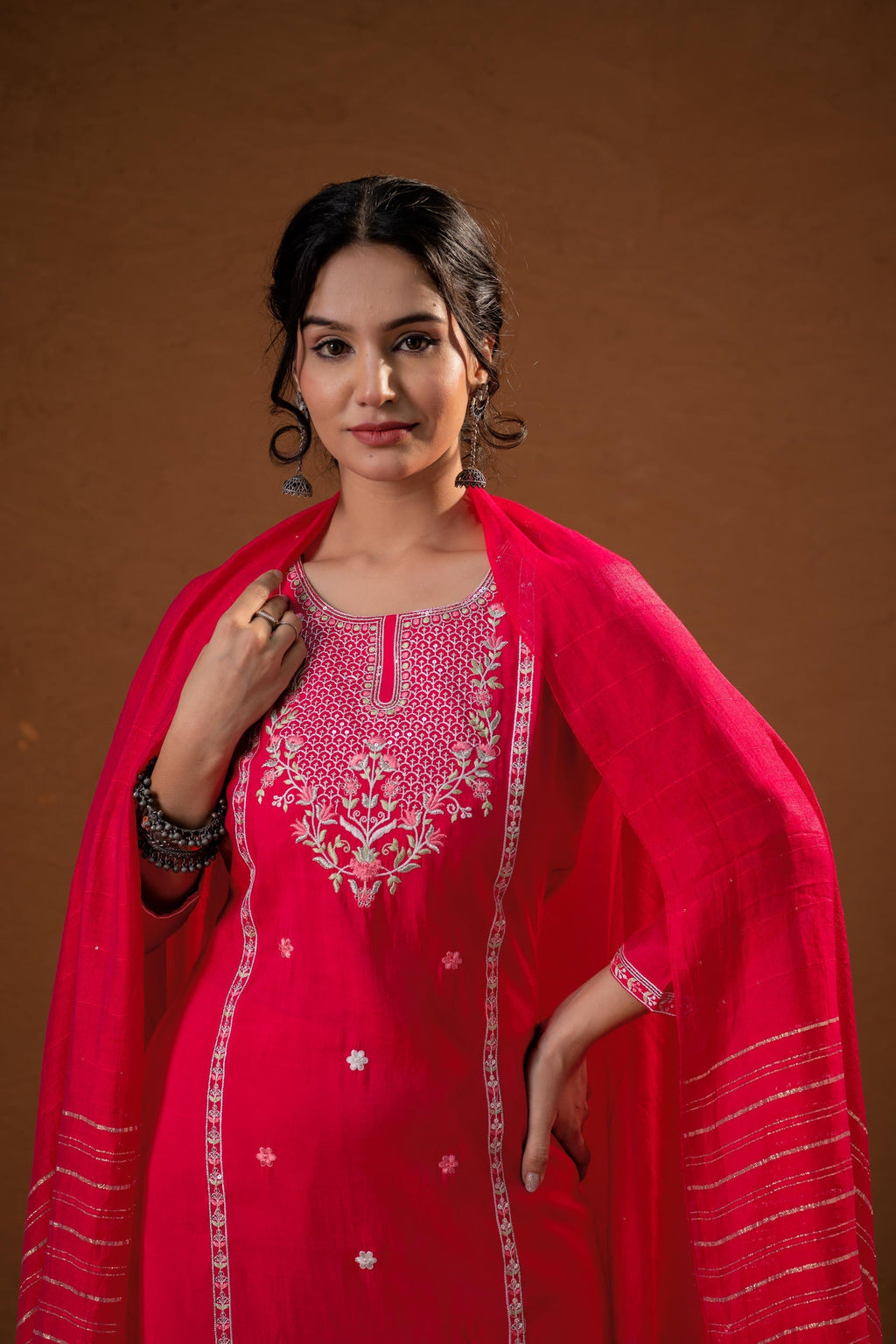 Juniper Fuchsia Zari Embroidered Straight Kurta Set With Matching Pant & Dupatta - Distacart