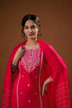 Juniper Fuchsia Zari Embroidered Straight Kurta Set With Matching Pant & Dupatta - Distacart