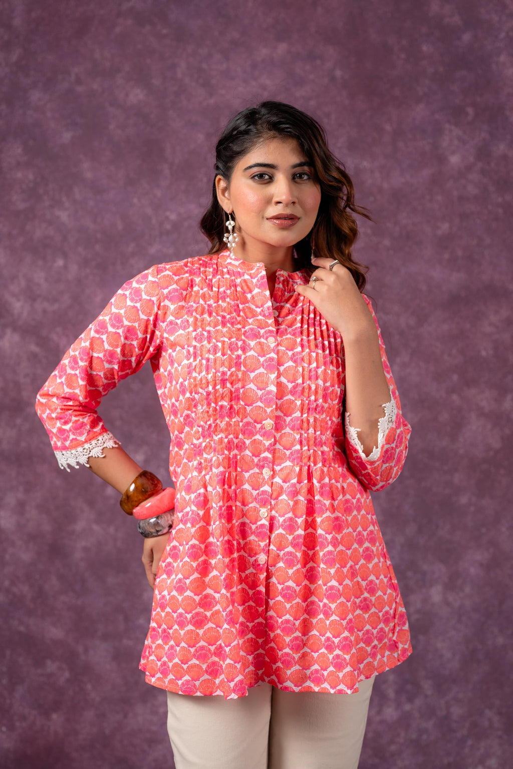 Juniper Orange Blossom Printed Short Peplum Kurti With Lace Sleeves