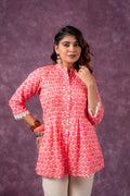 Juniper Orange Blossom Printed Short Peplum Kurti With Lace Sleeves