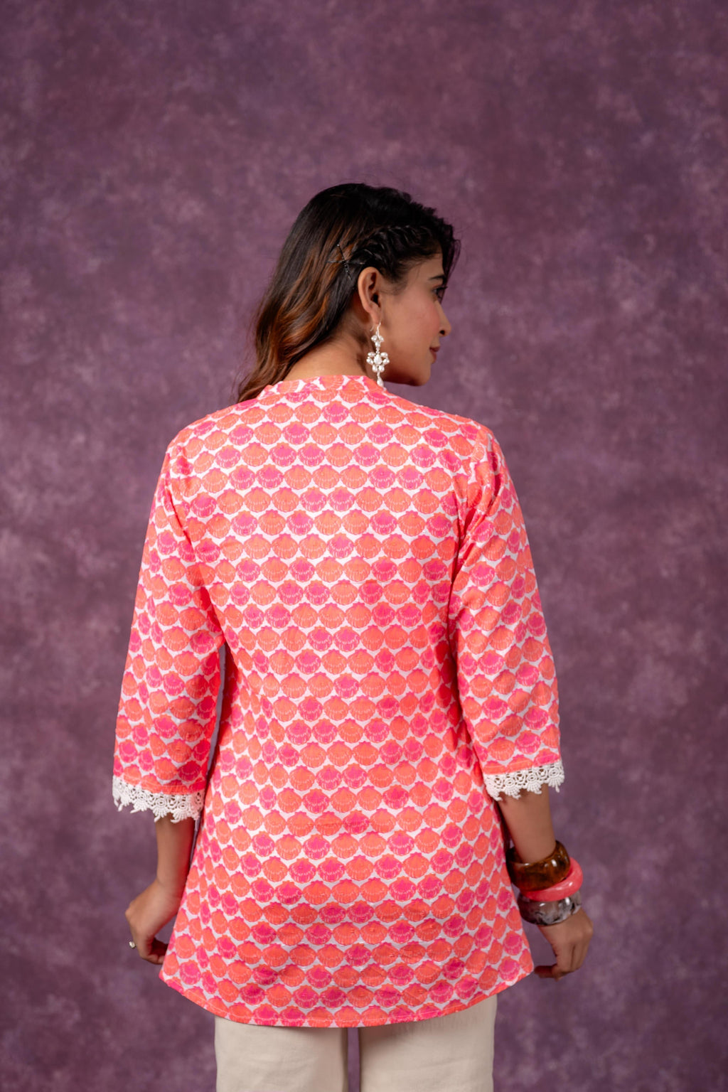 Juniper Orange Blossom Printed Short Peplum Kurti With Lace Sleeves