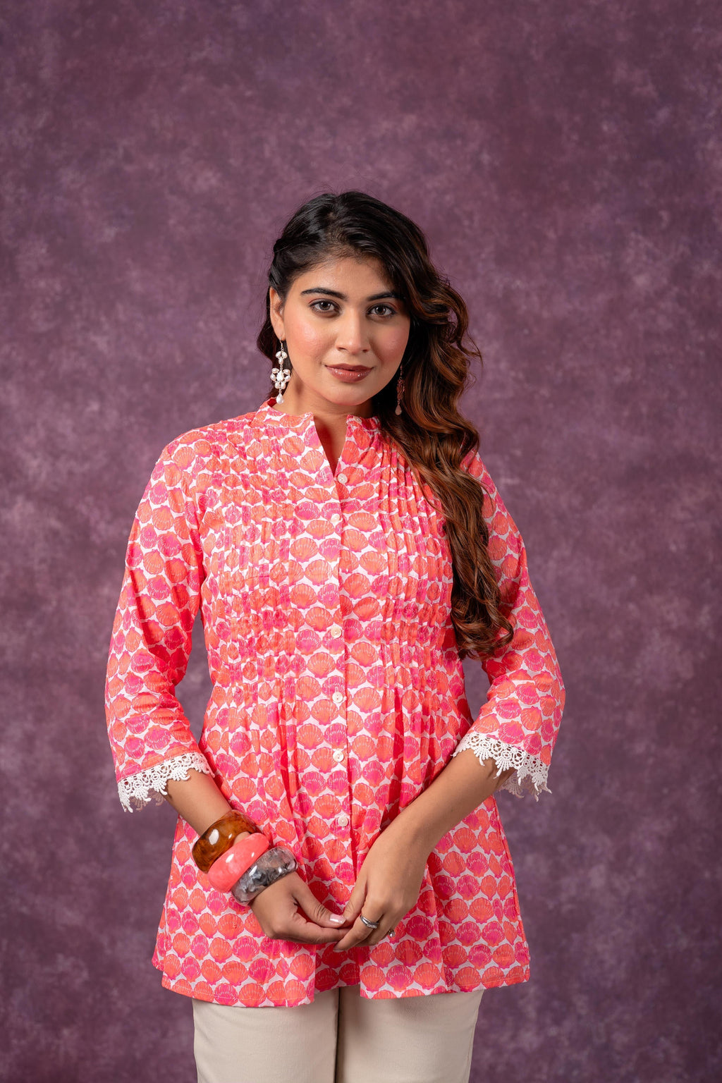 Juniper Orange Blossom Printed Short Peplum Kurti With Lace Sleeves