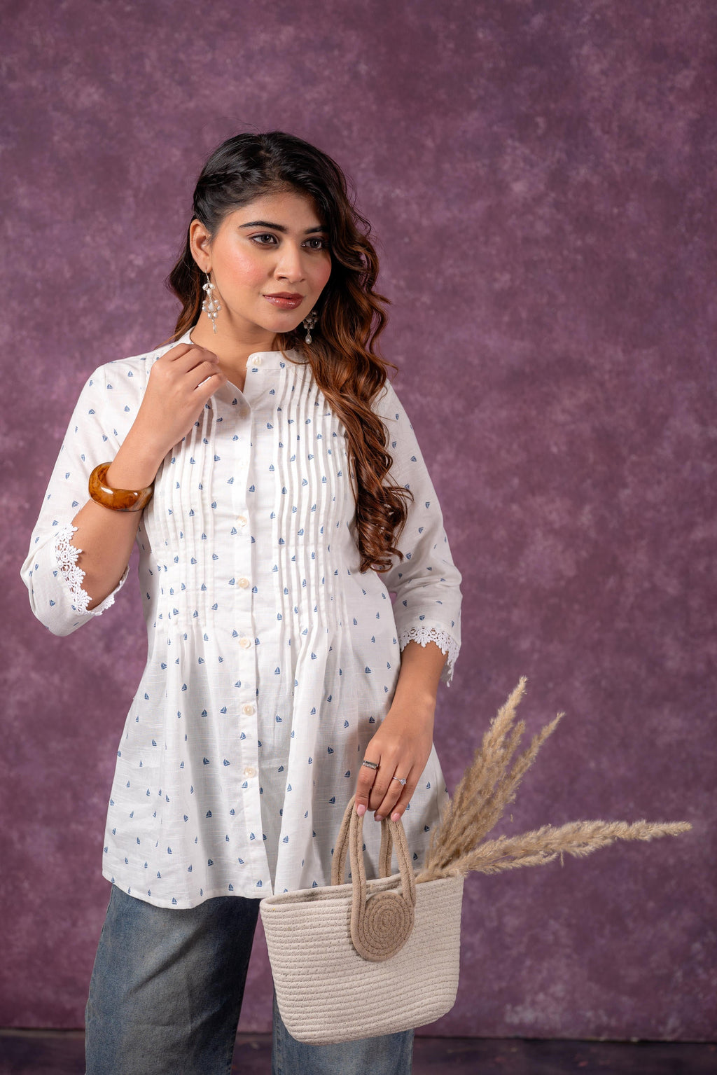 Juniper Cloud Blossom Printed Short Peplum Kurti With Lace Sleeves