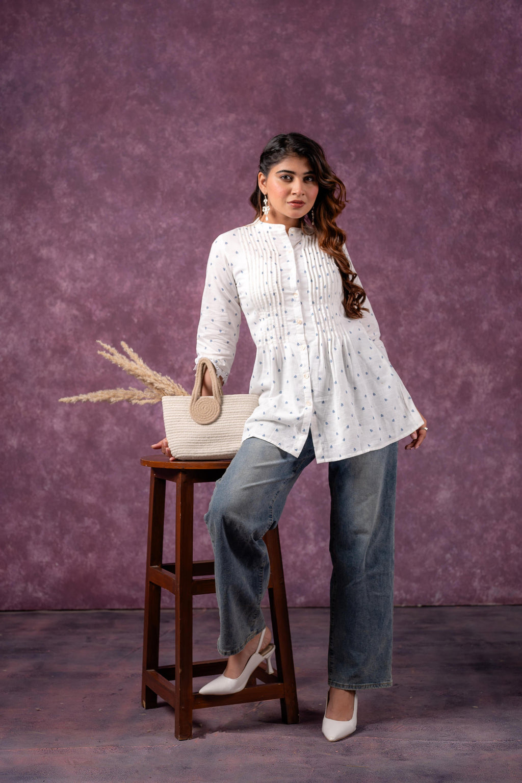 Juniper Cloud Blossom Printed Short Peplum Kurti With Lace Sleeves