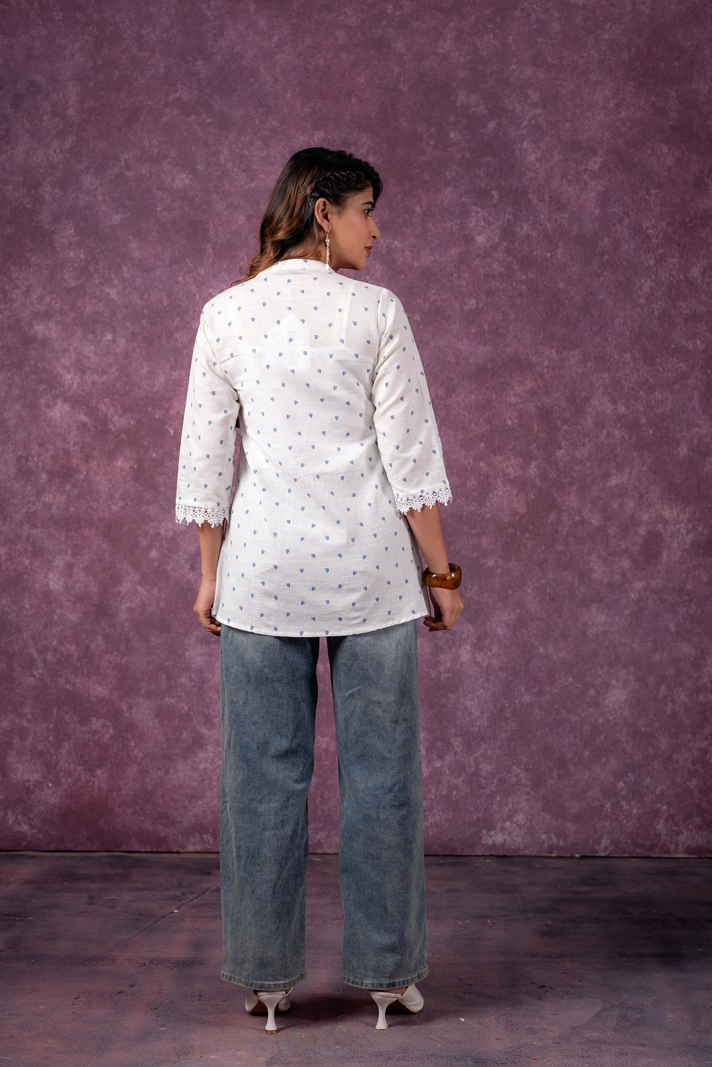 Juniper Cloud Blossom Printed Short Peplum Kurti With Lace Sleeves