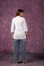 Juniper Cloud Blossom Printed Short Peplum Kurti With Lace Sleeves