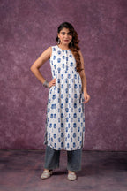 Juniper Indigo Leaf Printed Sleeveless Long Kurta - Distacart