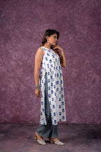 Juniper Indigo Leaf Printed Sleeveless Long Kurta - Distacart