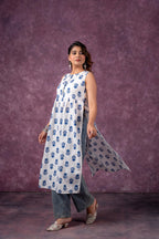 Juniper Indigo Leaf Printed Sleeveless Long Kurta - Distacart