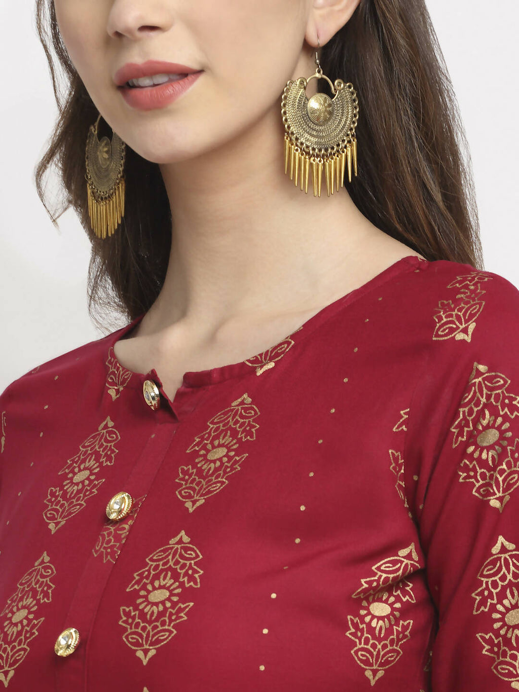 Rudra Bazaar Gold Printed Flared Anarkali Maroon kurti - Distacart
