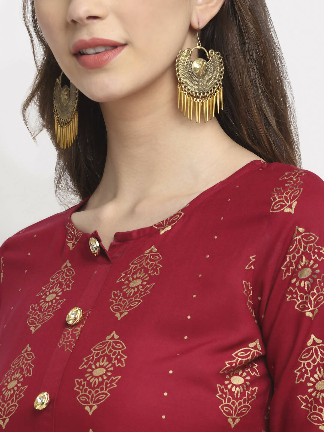 Rudra Bazaar Gold Printed Flared Anarkali Maroon kurti - Distacart