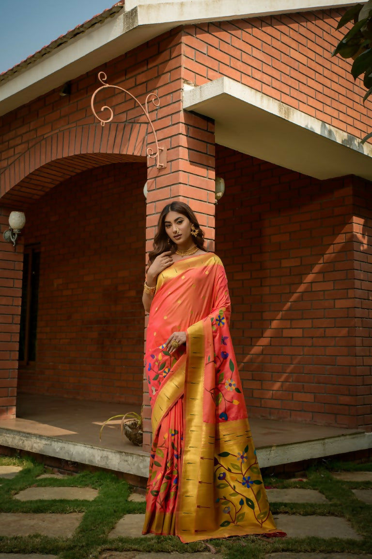 Jyoti Fashion Women's Coral Paithani Silk Zari Woven Saree with Blouse