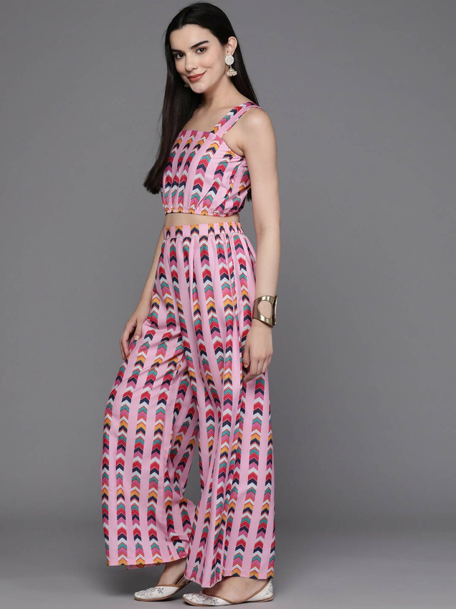 Ahalyaa Women Printed Crop Top with Palazzos & Jacket - Multi Color