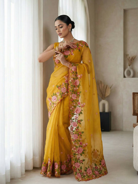 Joban Fashion Yellow Candy Crush Party Wear Sarees