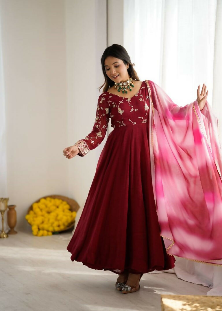 Teeya Creation Maroon Color Crunchy Silk Embroidery Work Gown - Distacart