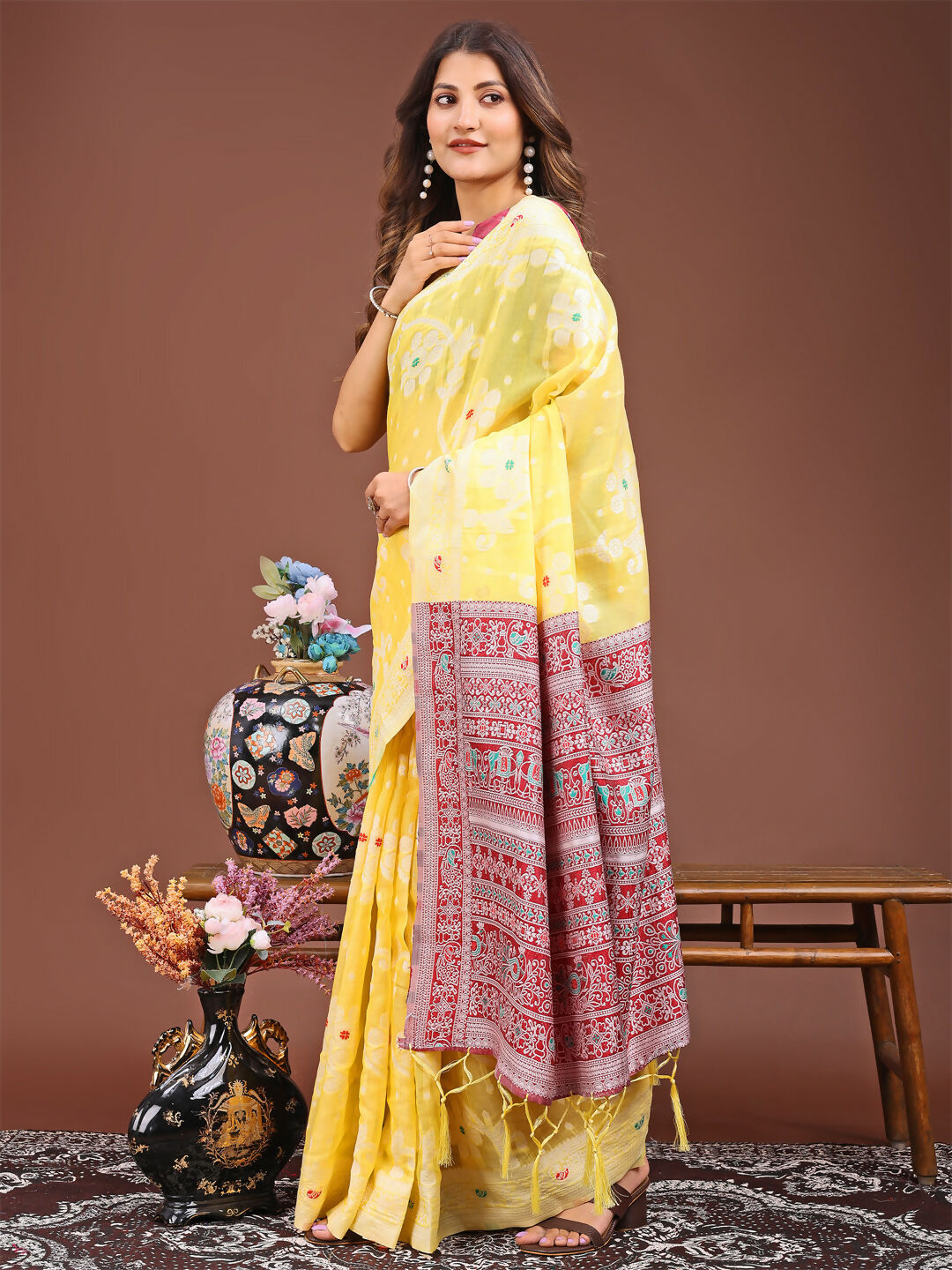 Shree Shyam Fashion Anaya Yellow Linen Cotton Saree