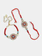 NVR Women & Men Set of 2 Red-colored Stone-Studded & Beaded Bhaiya Bhabhi Rakhi With Roli Chawal - Distacart
