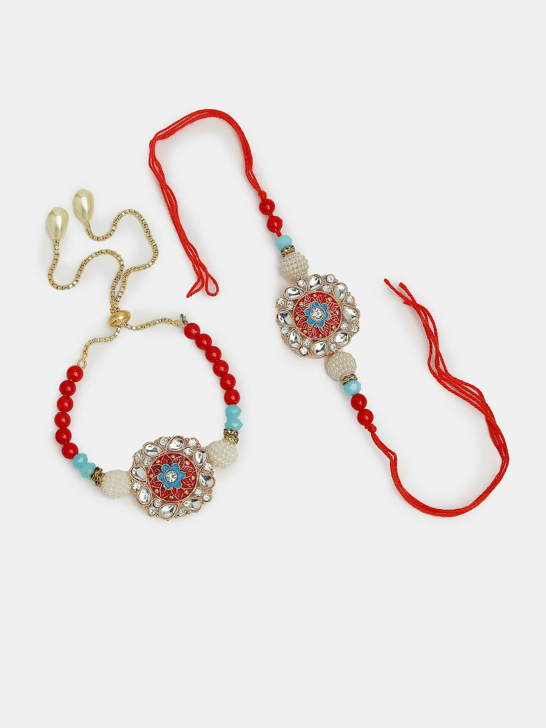 NVR Women & Men Set of 2 Red-colored Stone-Studded & Beaded Bhaiya Bhabhi Rakhi With Roli Chawal - Distacart