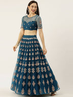 House of Panchhi Teal Net Semi stitched Mirror and Coding Work Lehenga Choli