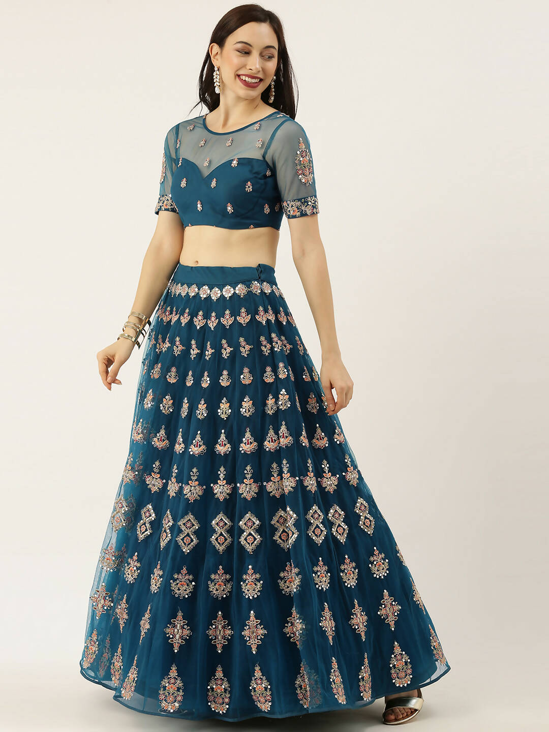 House of Panchhi Teal Net Semi stitched Mirror and Coding Work Lehenga Choli