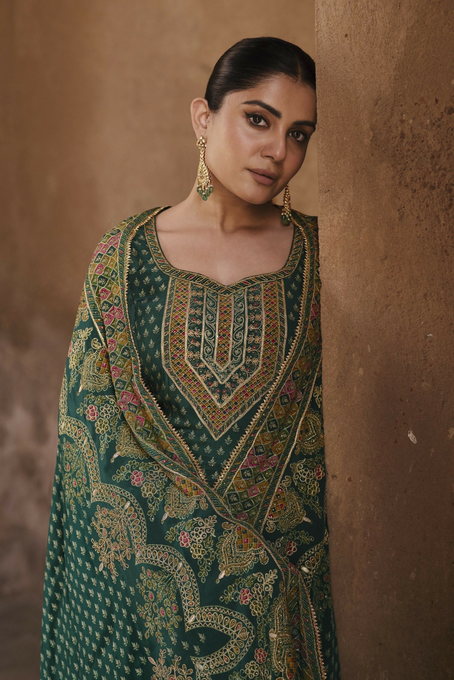Anaita Dark-Green Silk Readymade Palazzo Suit with Swarovski Work - Distacart