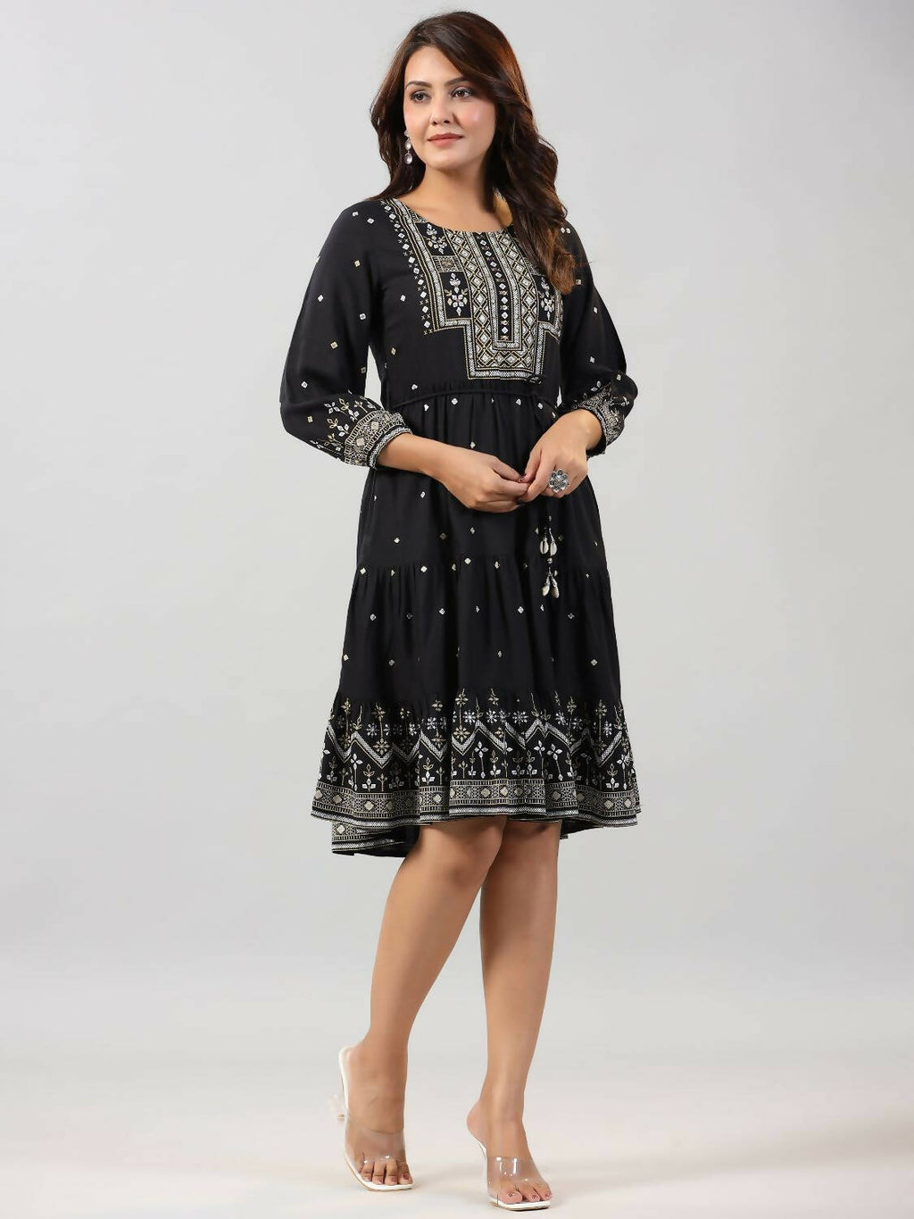 Juniper Women Black Rayon Printed Short Tiered Dress - Distacart
