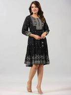 Juniper Women Black Rayon Printed Short Tiered Dress - Distacart