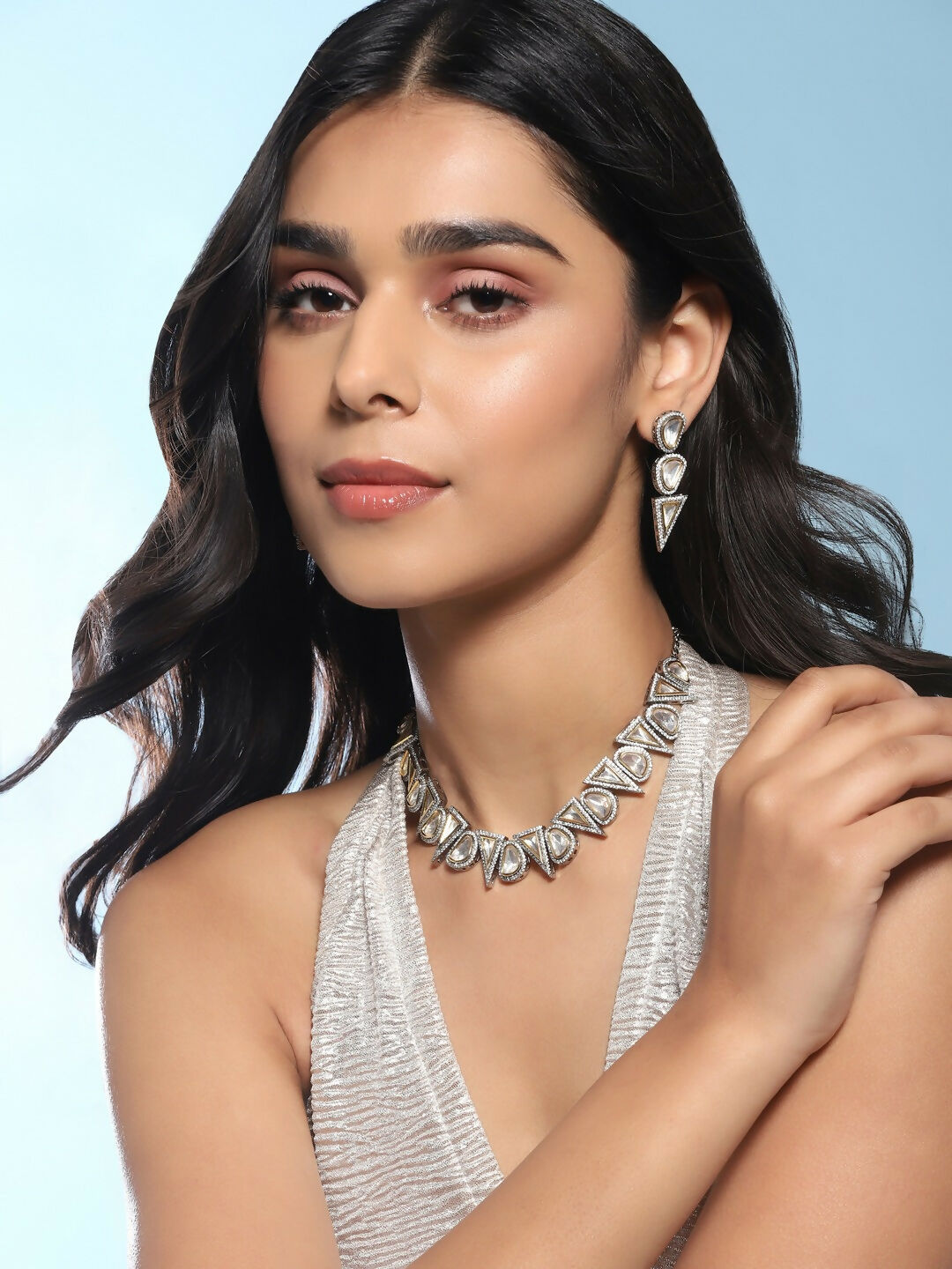 Diamond & Semi Precious Stone Neckpiece with Earrings with Chain - Ruby Raang