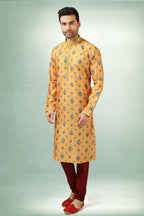 Raivat Ethnic Art Silk Printed Work Kurta Pajama In Yellow Colour