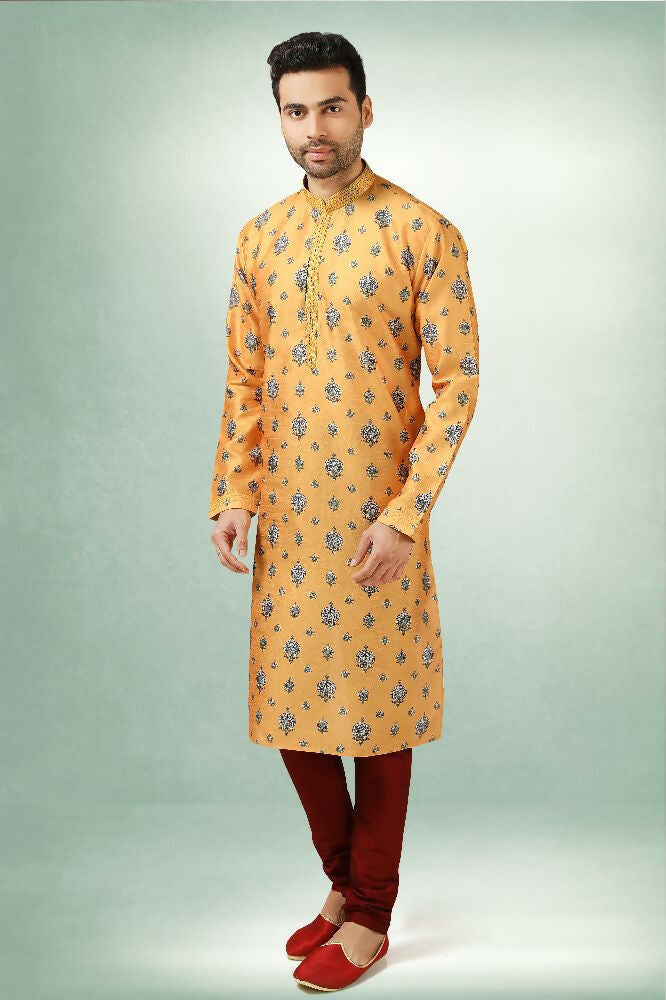 Raivat Ethnic Art Silk Printed Work Kurta Pajama In Yellow Colour