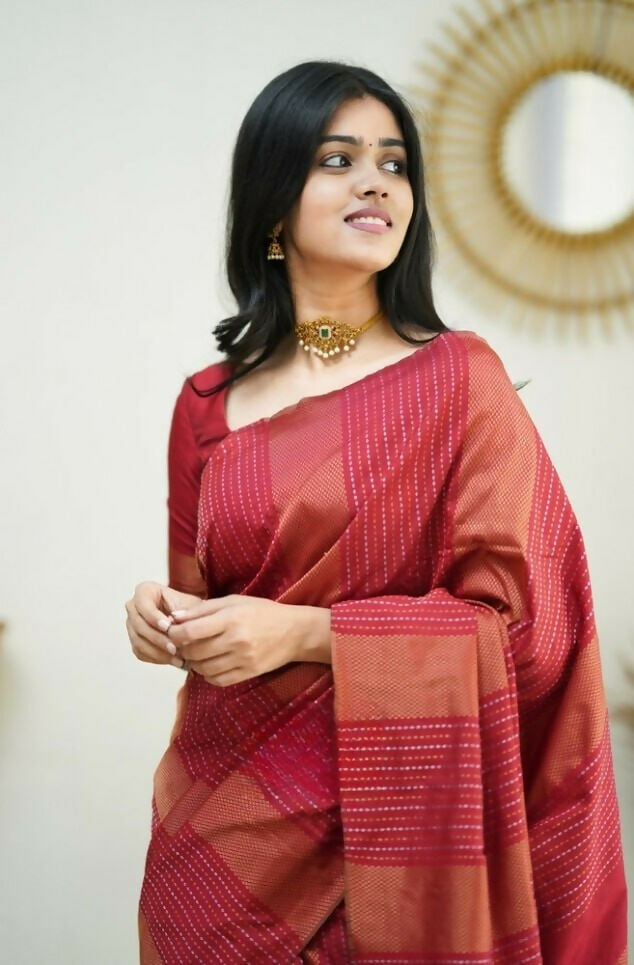 Partywear Designer Red Banarasi Silk Fancy Saree - Starwalk