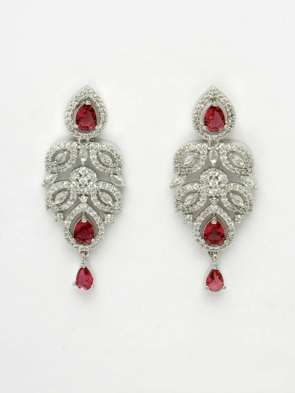 NVR Women Silver Plated & Maroon Cz Stone Handcrafted Jewellery Set