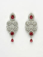 NVR Women Silver Plated & Maroon Cz Stone Handcrafted Jewellery Set