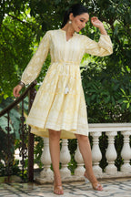 Juniper Women's Yellow Rayon Floral Printed Short Tiered Dress - Distacart