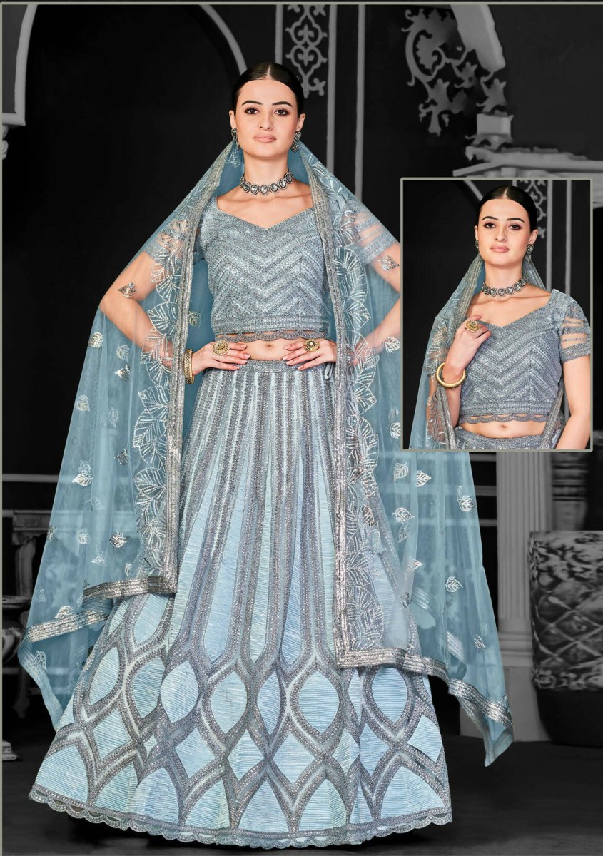 Aqua Blue Net Semi-Stitched Bridal Lehenga - Nimayaa Bonanza