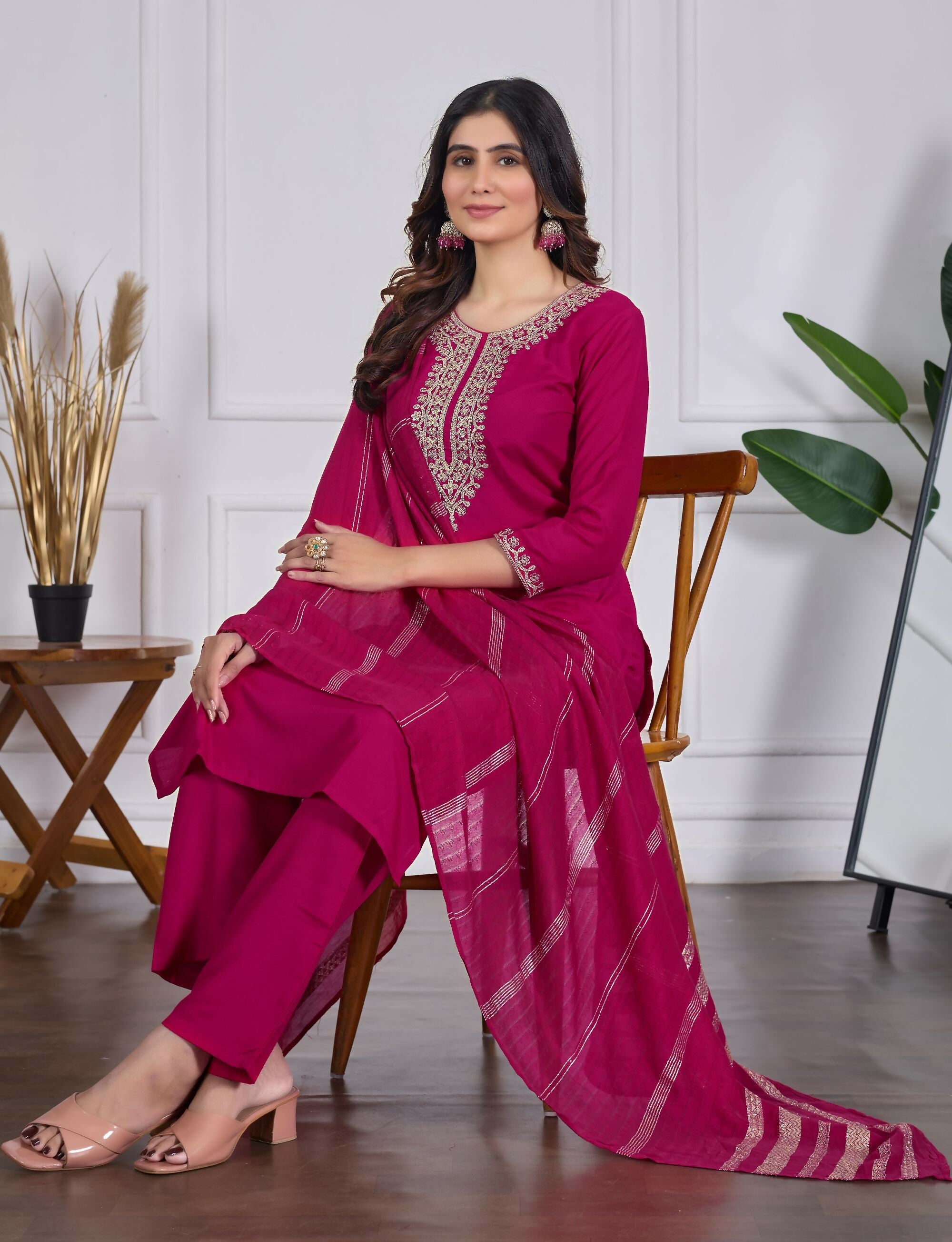 The52 Pink Women's Beautiful Embroidered Rayon Slub Fabric with Straight Kurta, Pant and Dupatta Set - Distacart
